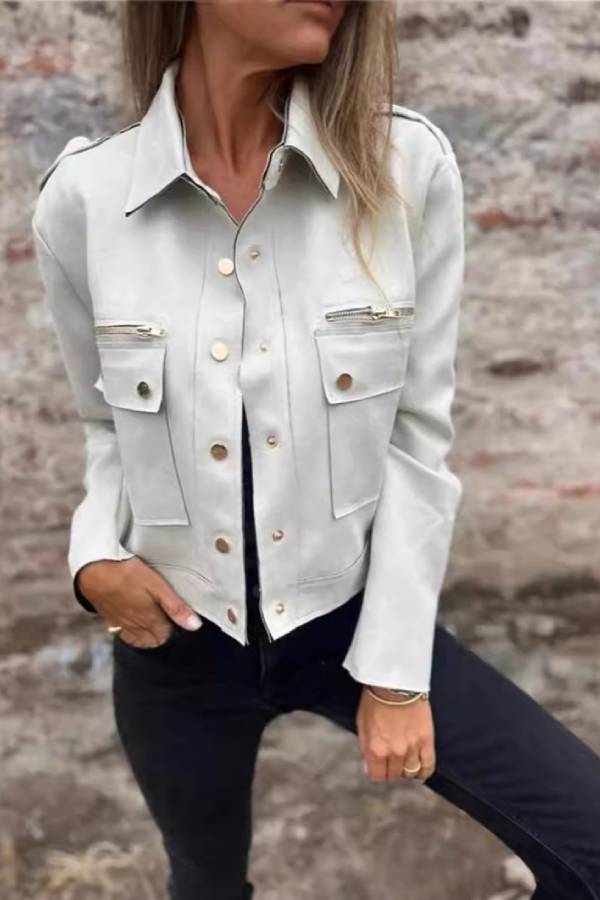 Faux Suede Cargo Collar Cropped Jacket Metal Button Pocket Coat