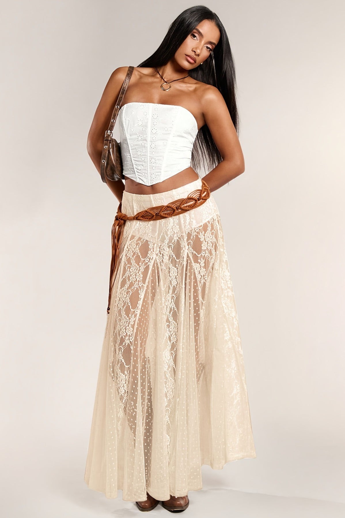 Lace Print Sheer Low Waist Maxi Boho Skirt