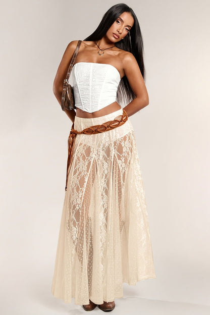 Lace Print Sheer Low Waist Maxi Boho Skirt