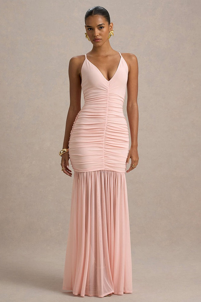 Sheer Plunge Ruffle Slip Dress