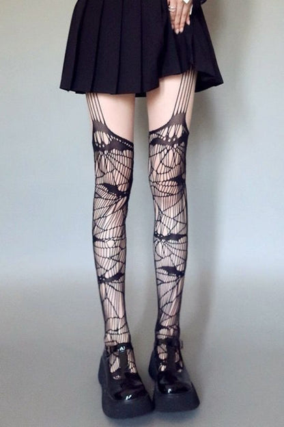 Gothic Bat Fishnet Suspender Thigh-High Stockings