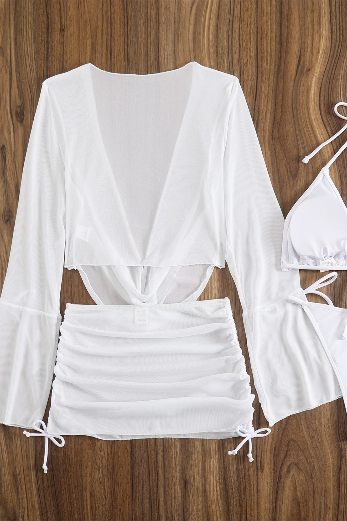 Solid Long Sleeve Tie Mini Skirt Four Piece Swim Set