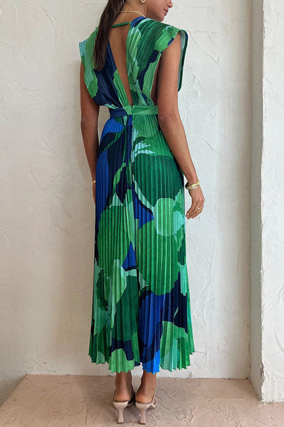 Pleated Deep V-Neck Sleeveless Abstract Floral Print Maxi Dress