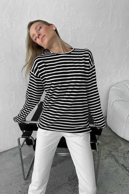 Cotton Striped Crew Neck Long Sleeve Tee
