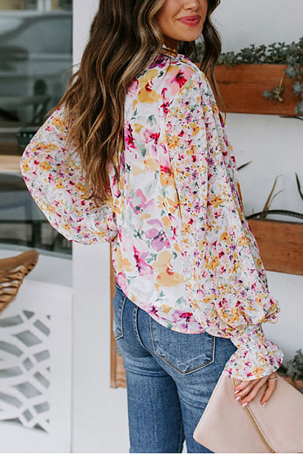 Sweet Flower Print Balloon Sleeve Blouse