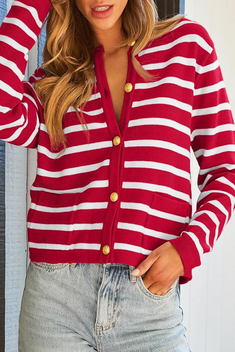 Casual Daily Stripe Buttons Weave O Neck Outerwear