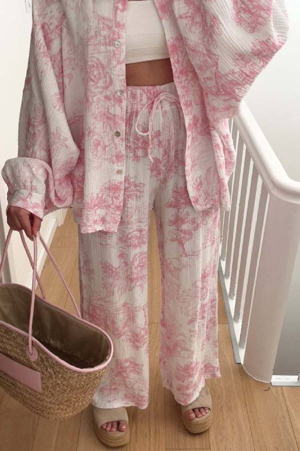 Ink Landscape Print Crinkle Shirt & Wide-Leg Pant Set