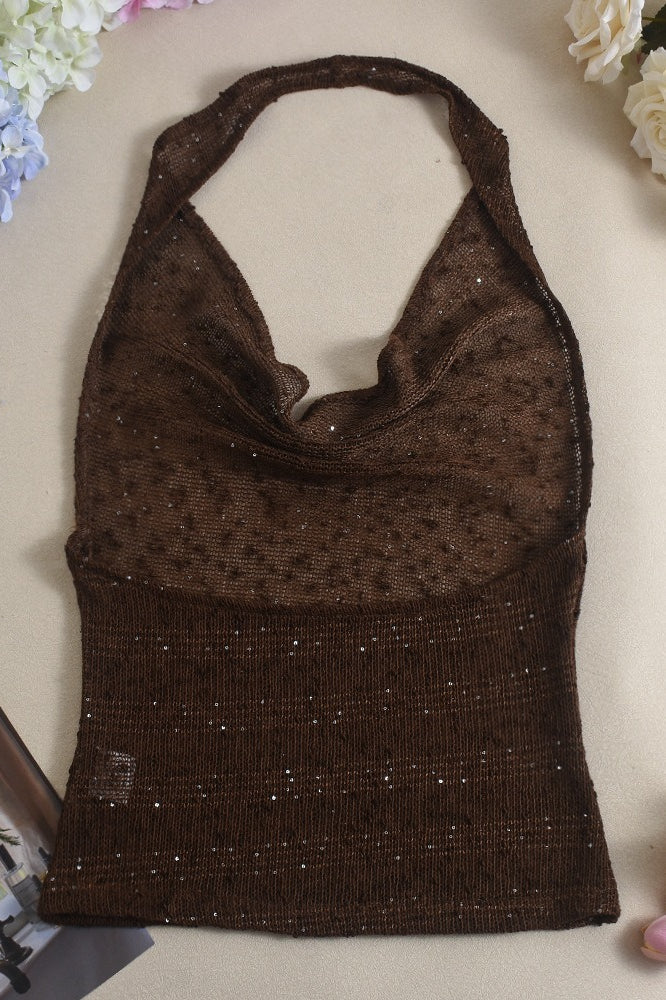 Sheer Sparkling Deep V Cowl Neck Halter Halter Top