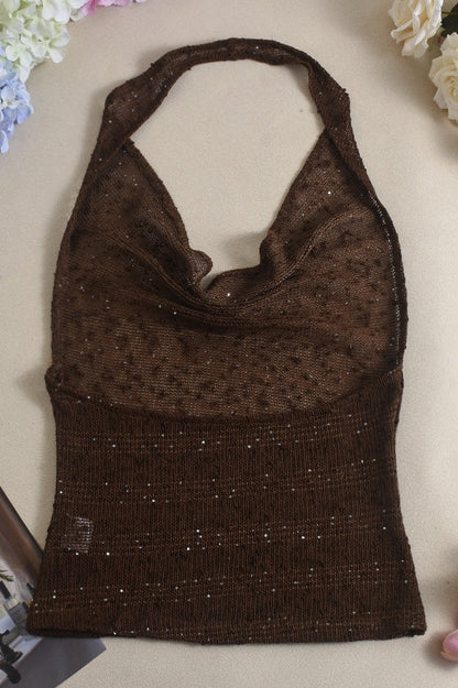 Sheer Sparkling Deep V Cowl Neck Halter Halter Top