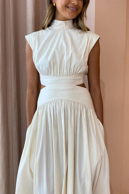Mock Neck Sleeveless Side Cut Out Waist Pocketed Gathered Maxi Dress