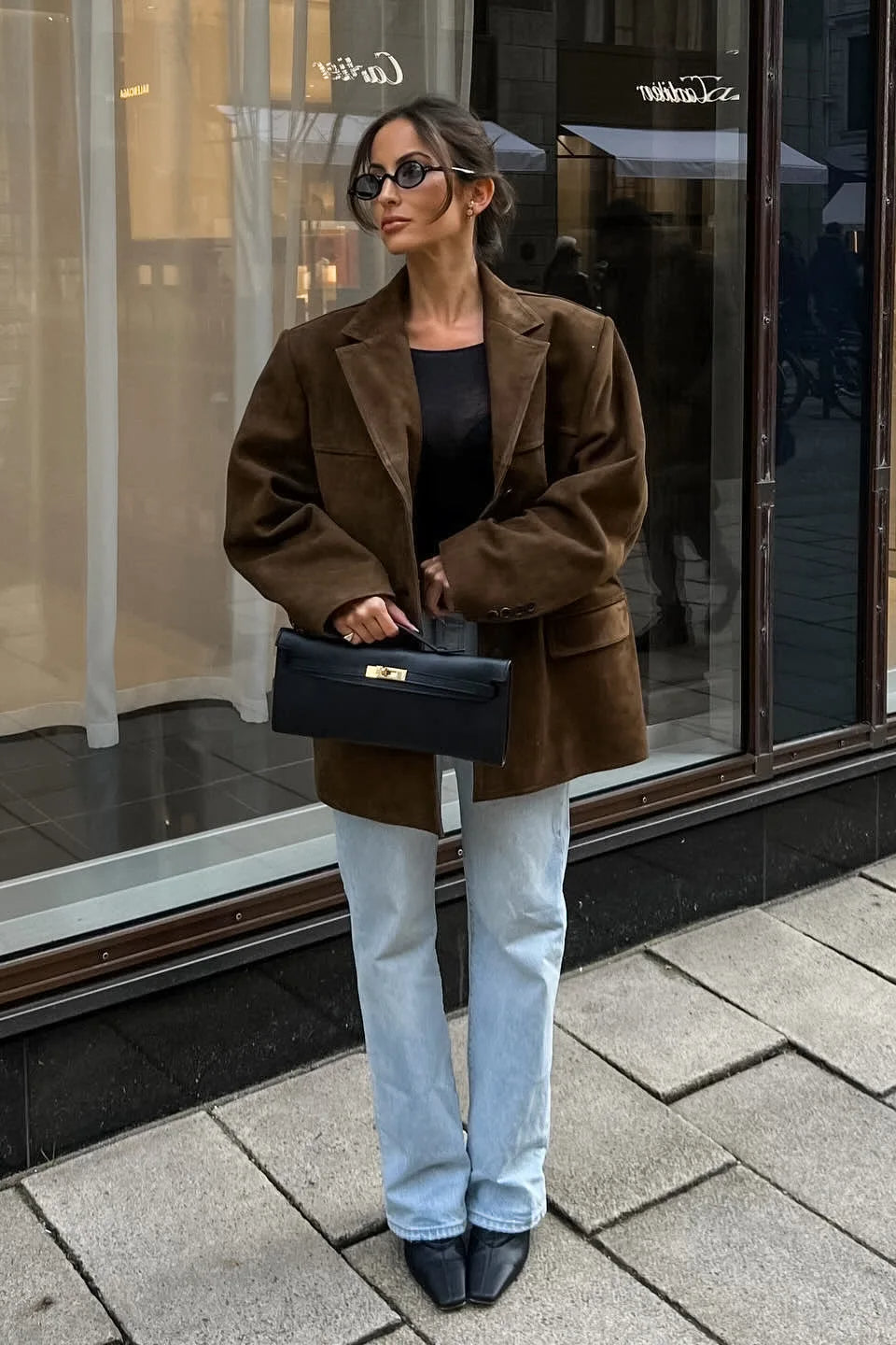 Brown Single-Breasted Suede Blazer
