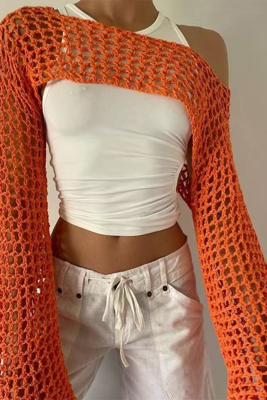 Solid Cutout Sheer Cropped Long Sleeve Crop Top