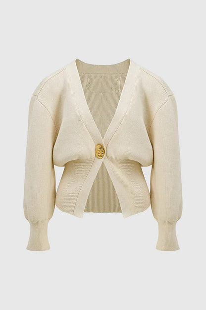 Only Yours Knit Metal Leaf Shape Button Lantern Sleeve Relaxed Cardigan