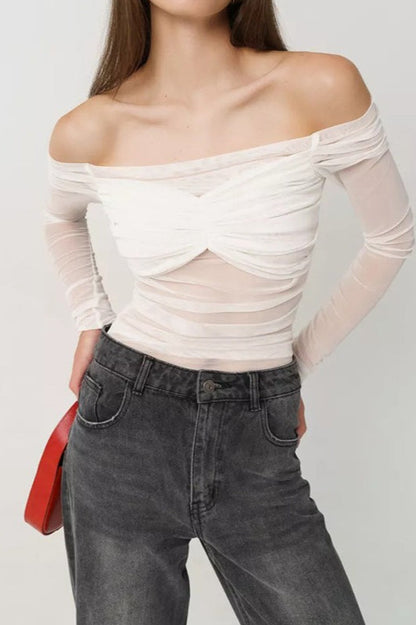 Off Shoulder Sheer Mesh Bodycon Long Sleeve Tee