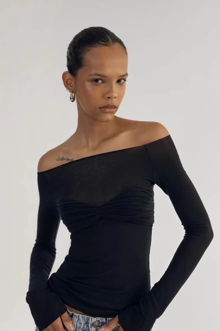 Sheer Ruched Faux Two-Piece Off Shoulder Crop Top