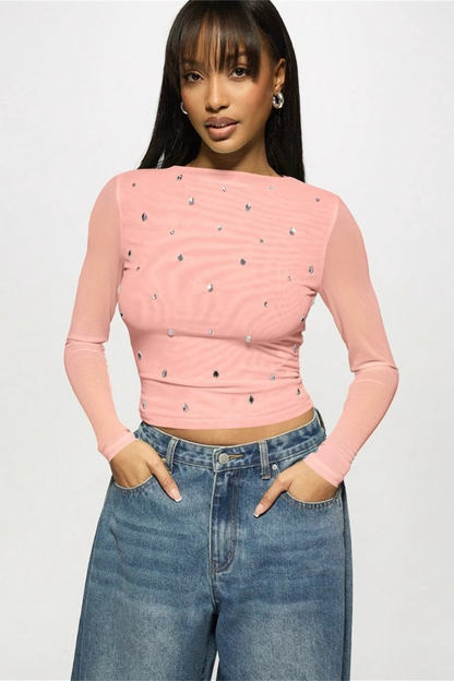 Printed Slim Mesh Sheer Cutout Long Sleeve Crop Top