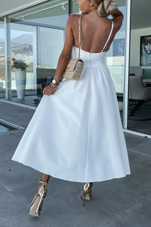 Twist Front Cutout Spaghetti Strap Pocket Side Slit A-Line Midi Dress
