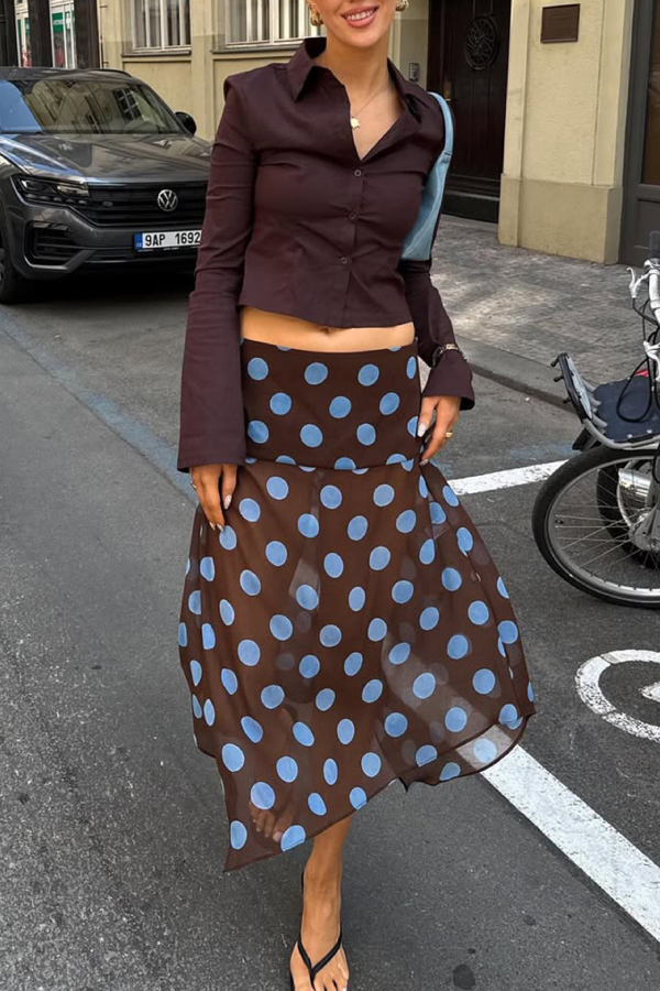 Polka Dot Asymmetrical Mesh Midi Skirt