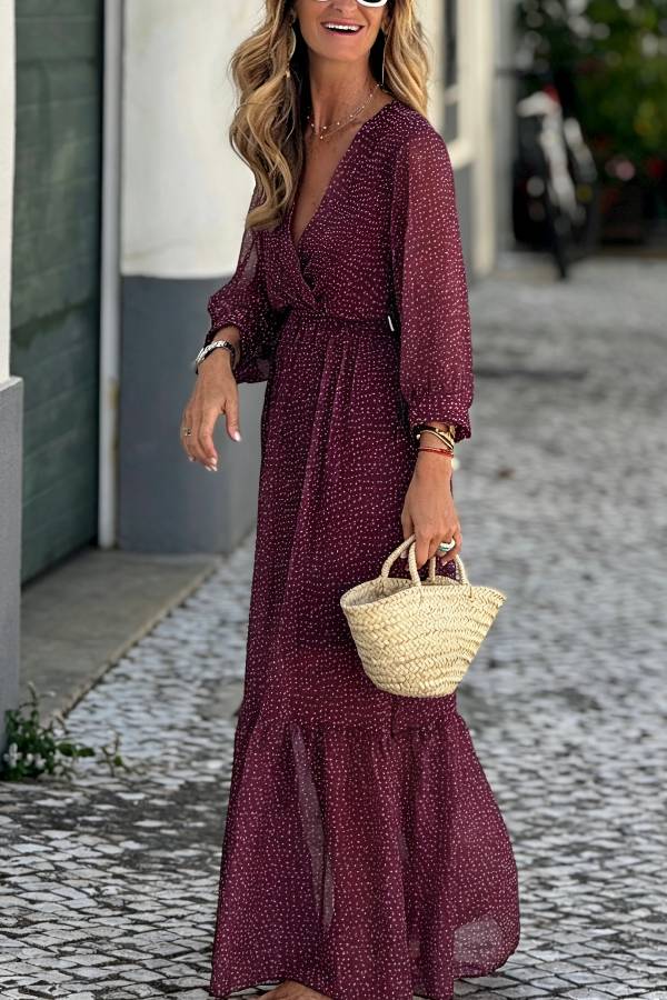 Burgundy Polka Dot V‑Neck Waisted Ruffle Maxi Dress