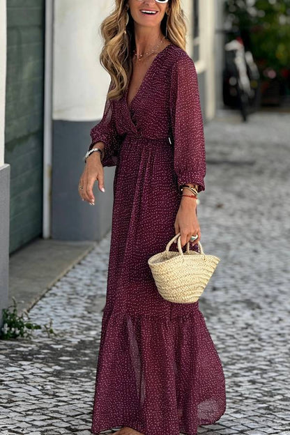 Burgundy Polka Dot V‑Neck Waisted Ruffle Maxi Dress