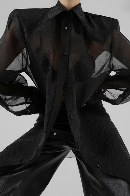 Sheer Mesh Long Sleeve Shoulder Pad Blouse