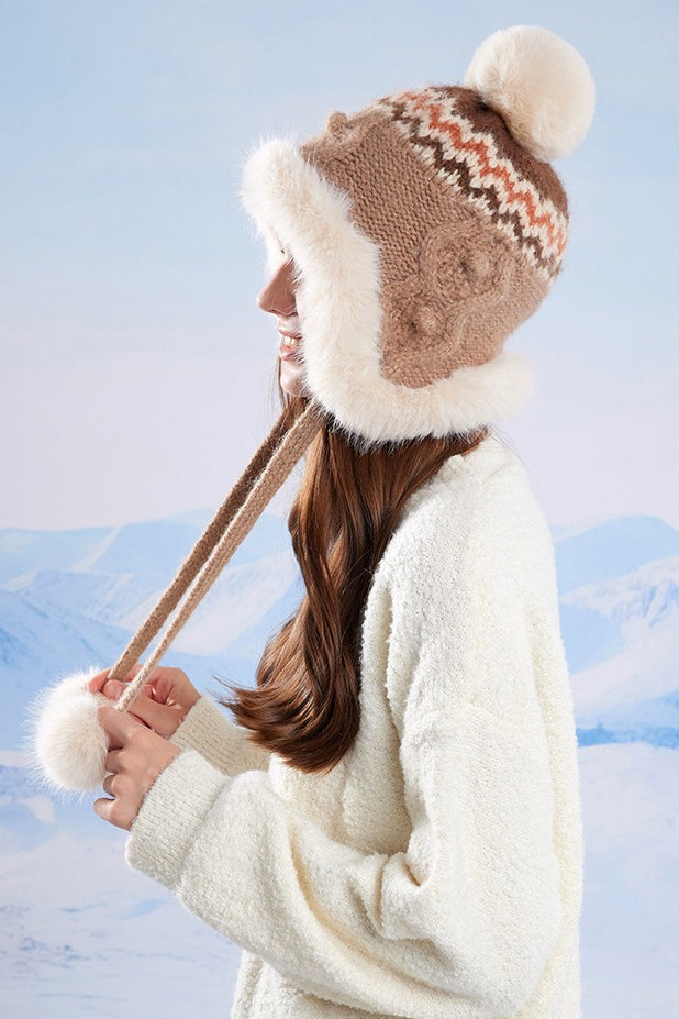 Faux Fur Fair Isle Knit Ear Flap Hat