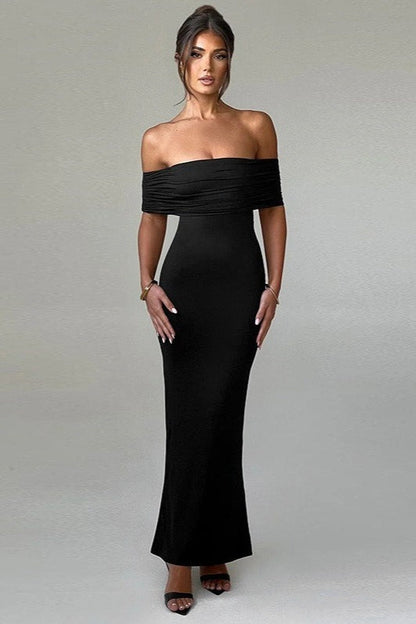 Off Shoulder Backless Bodycon Ruched Solid Formal Dress