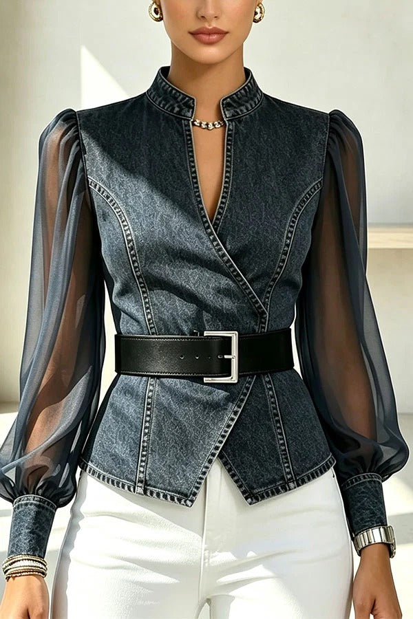 Faux Denim & Sheer Tulle Sculpted Crossover Blouse