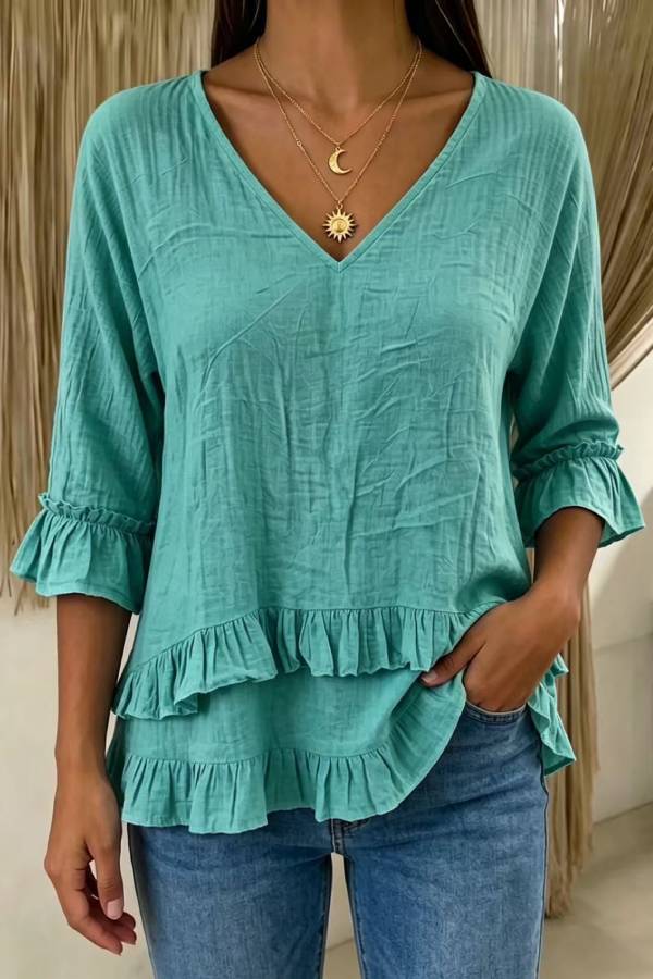 V-Neck Ruffle Hem Elbow Sleeve Blouse