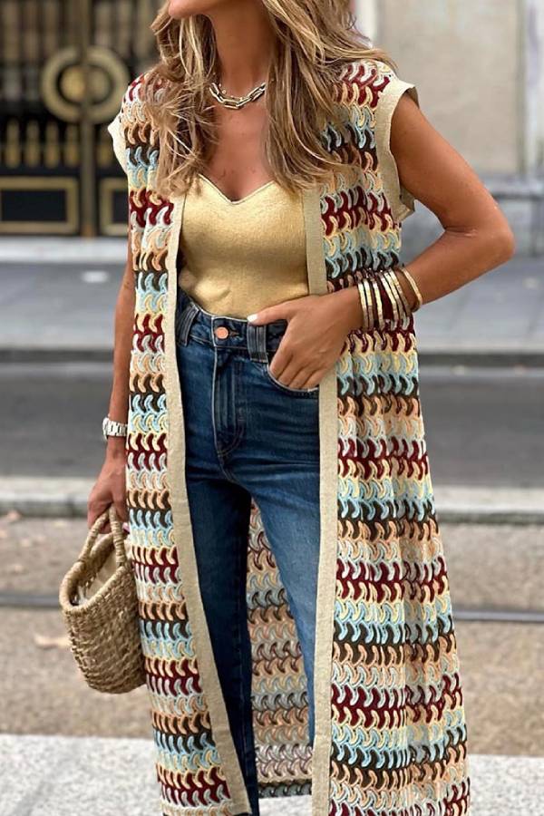 Colorful Striped Knitted Sleeveless Long Cardigan