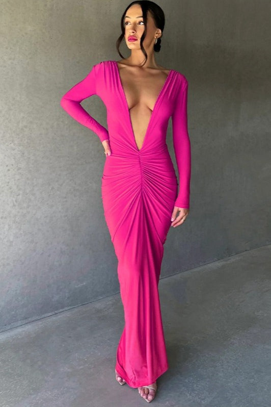 V Neck Bodycon Ruched Solid Long Sleeve Formal Dress