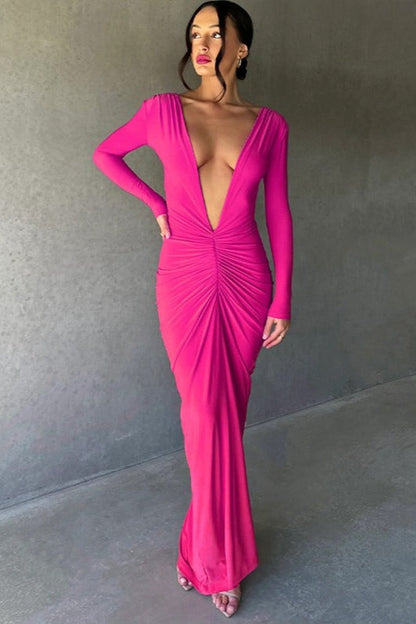 V Neck Bodycon Ruched Solid Long Sleeve Formal Dress