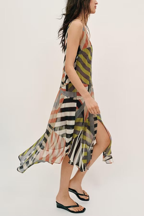 Khloe Patchwork Striped Color Block Print Wide Straps Asymmetric Hem Drape Midi Dress