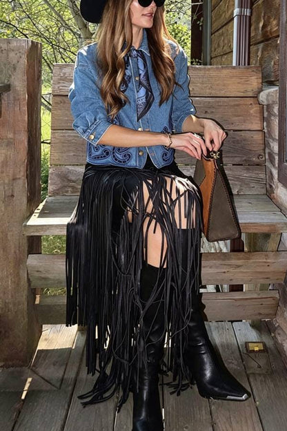 Evie Faux Leather High Rise Three-layer Tassels Stretch Maxi Skirt