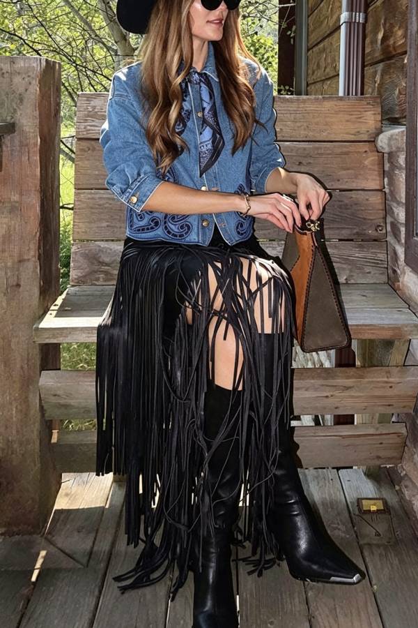 Karoline Denim Embroidered Flower Cutout Design Button Long Sleeve Jacket