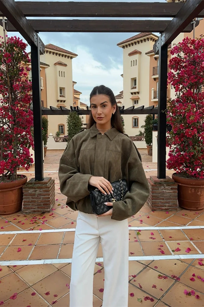 Suede Cropped Zip-Up Jacket