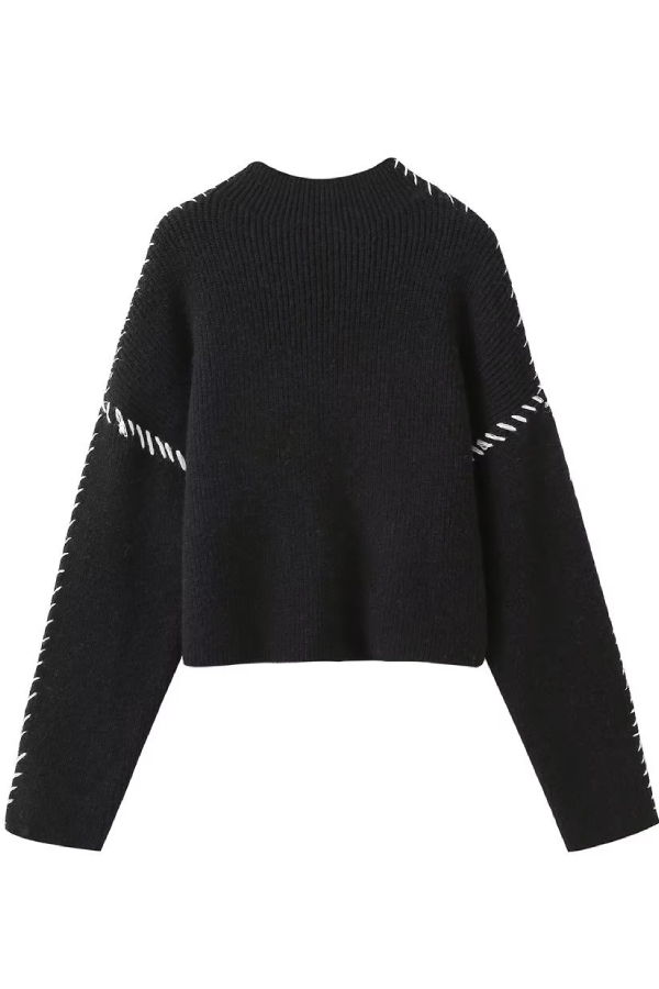 Crew Neck Contrast Color Panel Sweater