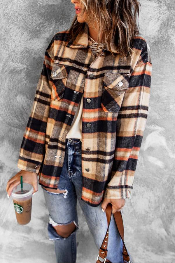 Brown Plaid Button Up Long Sleeve Flannel Shacket