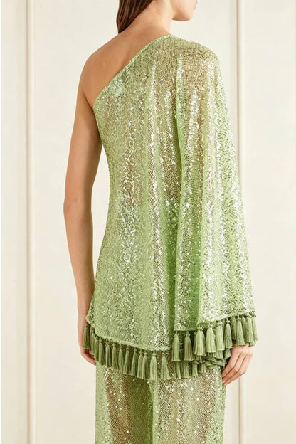 Reina Sequin Fringed Trim One Shoulder Bell Sleeve Top and High Rise Wide Leg Pants Set
