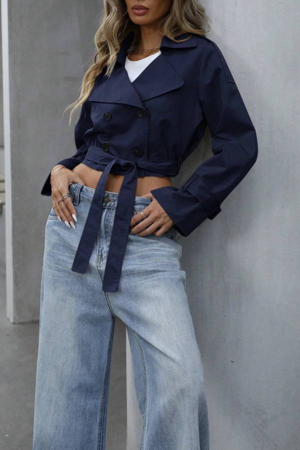 Double-breasted short belted trench coat