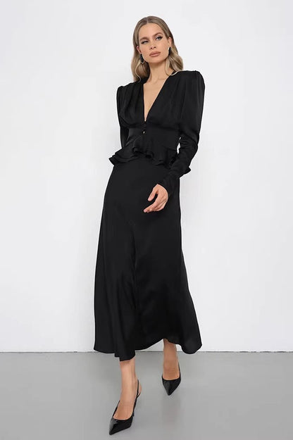 Deep V Neck Waist Cinched Ruffle Hem Shoulder Pad Blouse