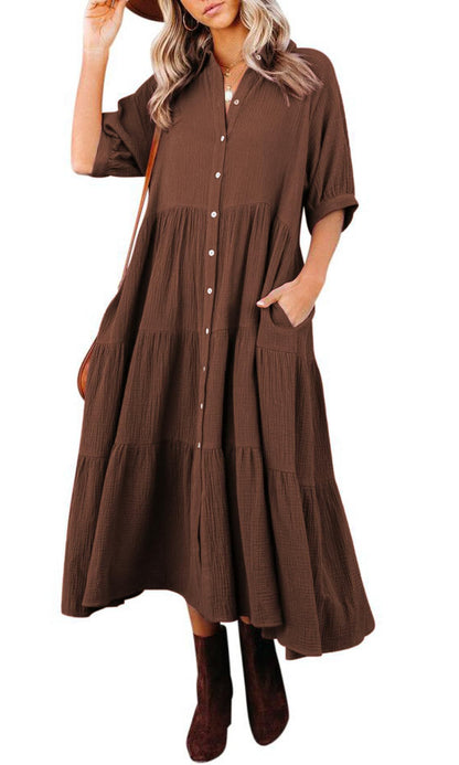 Gauze Button Front Collar Half Sleeve Tiered Pocket Midi Dress