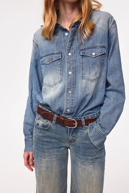 Retro Washed Denim Long Sleeve Top