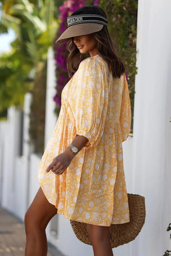 Women's V Neck Half Sleeve Floral Tunic Short Dress