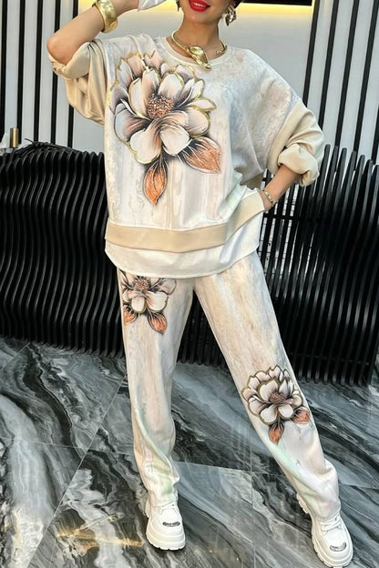 Chinese Style Floral Print Two Piece Set Mock Neck Batwing Top & Jogger Pants Co-Ord