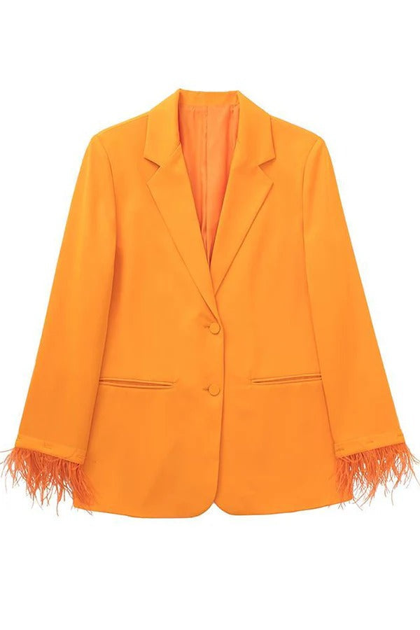 Chic Day Button Up Feather Trim Long Sleeve Pocketed Lapel Blazer