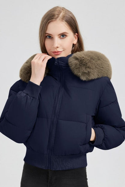 Quilted Cropped Faux Fur Collar Coat