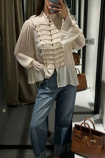 French Romantic Metal Button-down Pleated Ruffle Sleeve Napoleon Shirt
