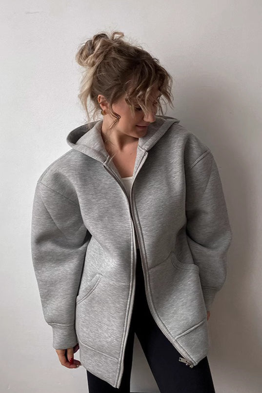 Grey Loose Fit Casual Zip Up Basic Jacket Hoodie