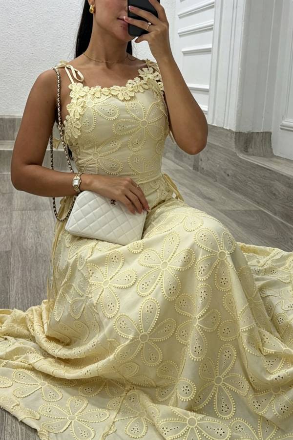 Garden Party Lace Embroidered Cutout Fabric Flower Trim Side Lace-up Maxi Dress